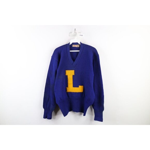 Vtg 50s 60s Streetwear Mens M Distressed Wool Knit Varsity Letterman Sweater USA